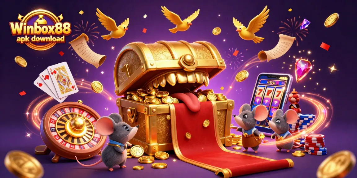 Winbox88 apk download animated scene showcasing casino elements, rich with coins and jackpots.